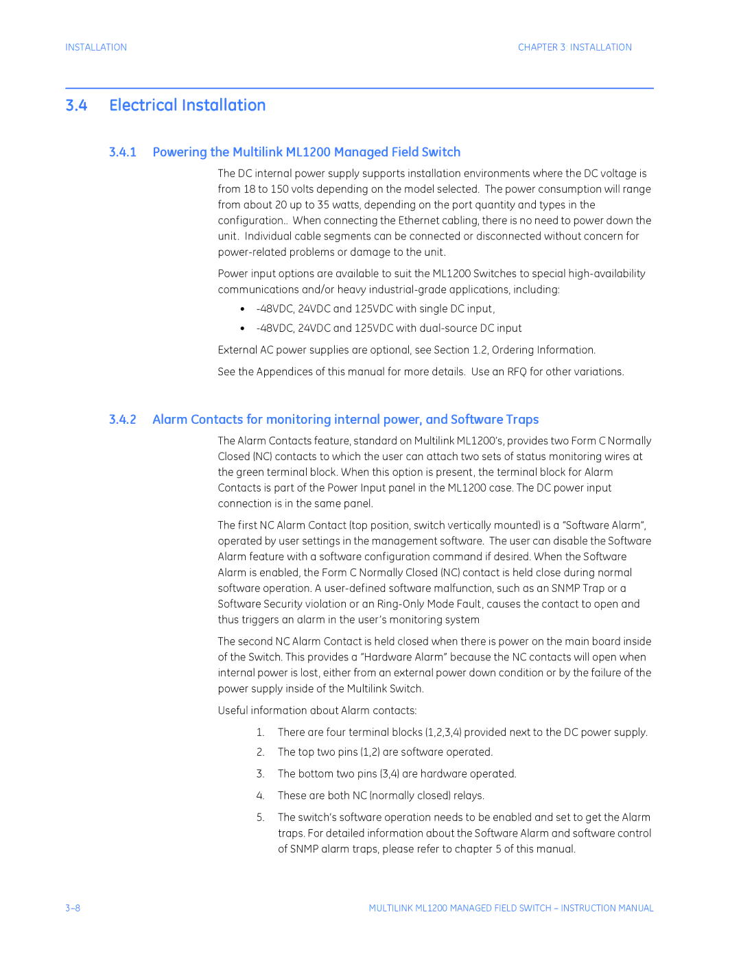 GE instruction manual Electrical Installation, Powering the Multilink ML1200 Managed Field Switch 