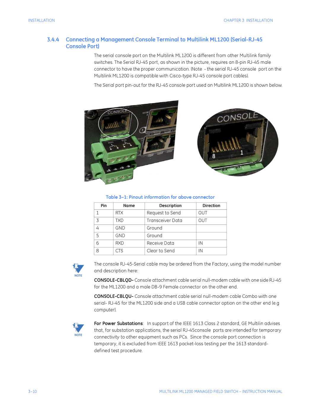 GE ML1200 Pinout information for above connector, Request to Send, Transceiver Data, Ground, Receive Data 