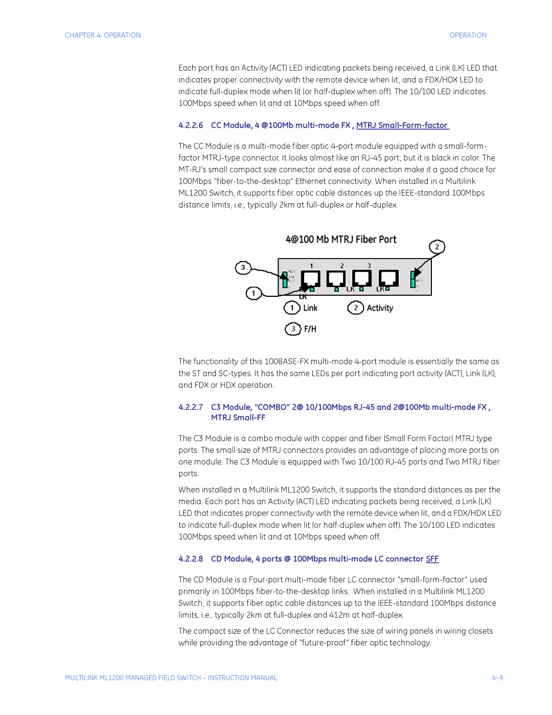 GE ML1200 instruction manual CC Module, 4 @100Mb multi-mode FX , Mtrj Small-Form-factor 