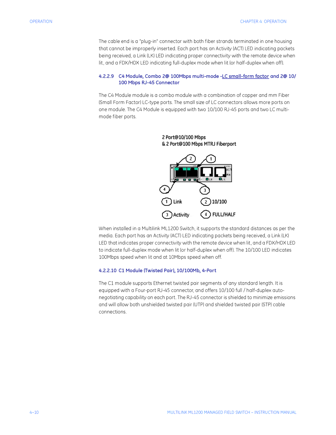GE ML1200 instruction manual 2.10 C1 Module Twisted Pair, 10/100Mb, 4-Port 