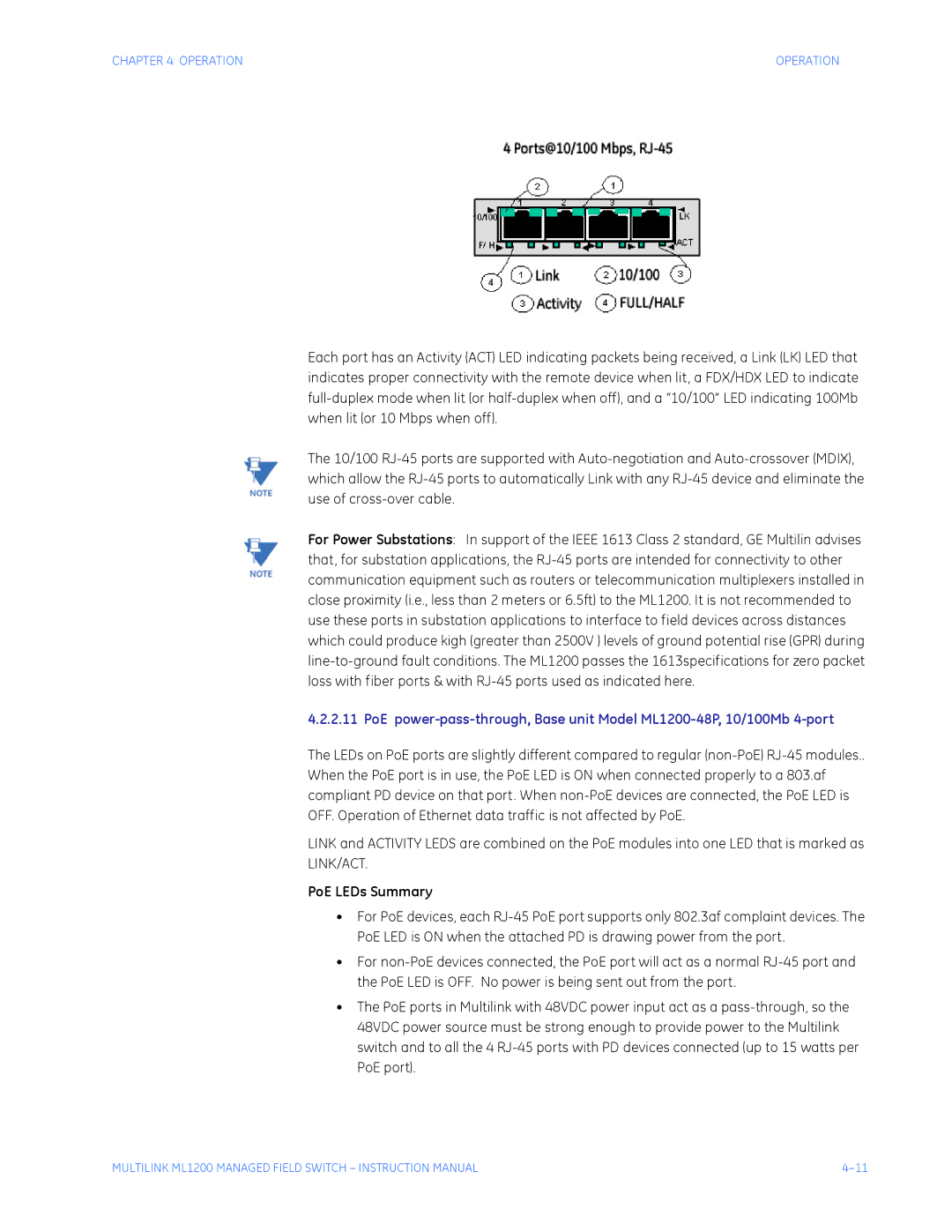 GE ML1200 instruction manual PoE LEDs Summary 