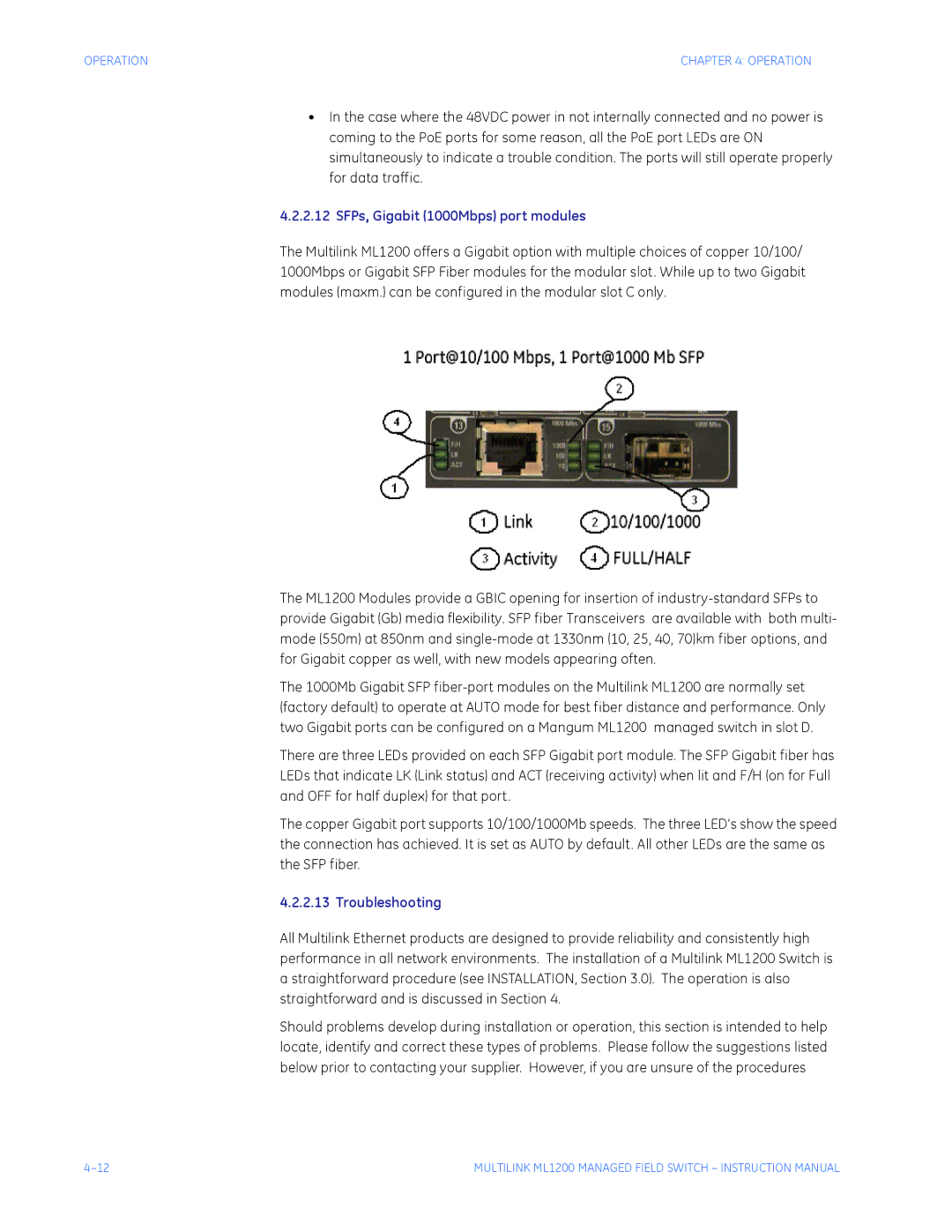 GE ML1200 instruction manual SFPs, Gigabit 1000Mbps port modules 