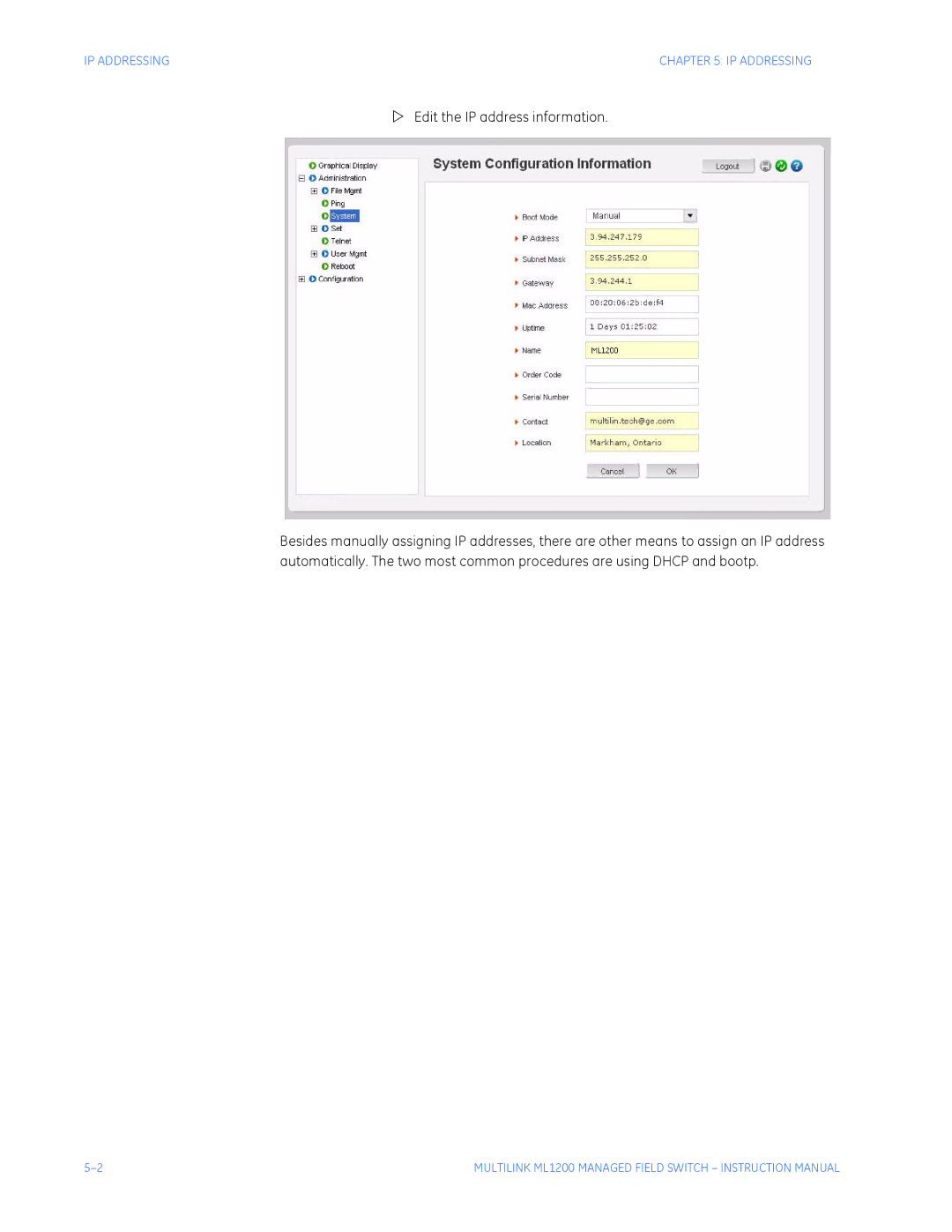 GE ML1200 instruction manual Edit the IP address information 