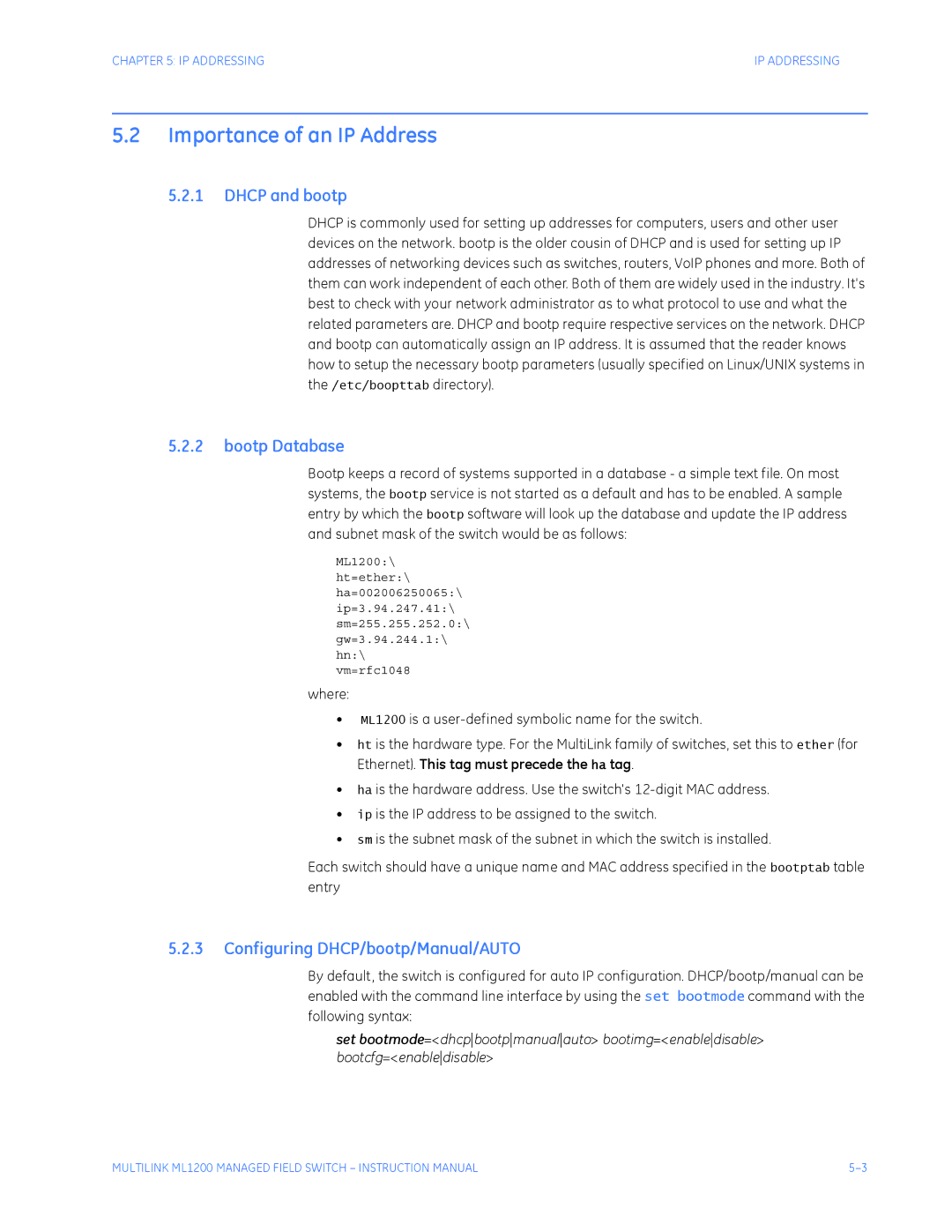 GE ML1200 Importance of an IP Address, Dhcp and bootp, Bootp Database, Configuring DHCP/bootp/Manual/AUTO 