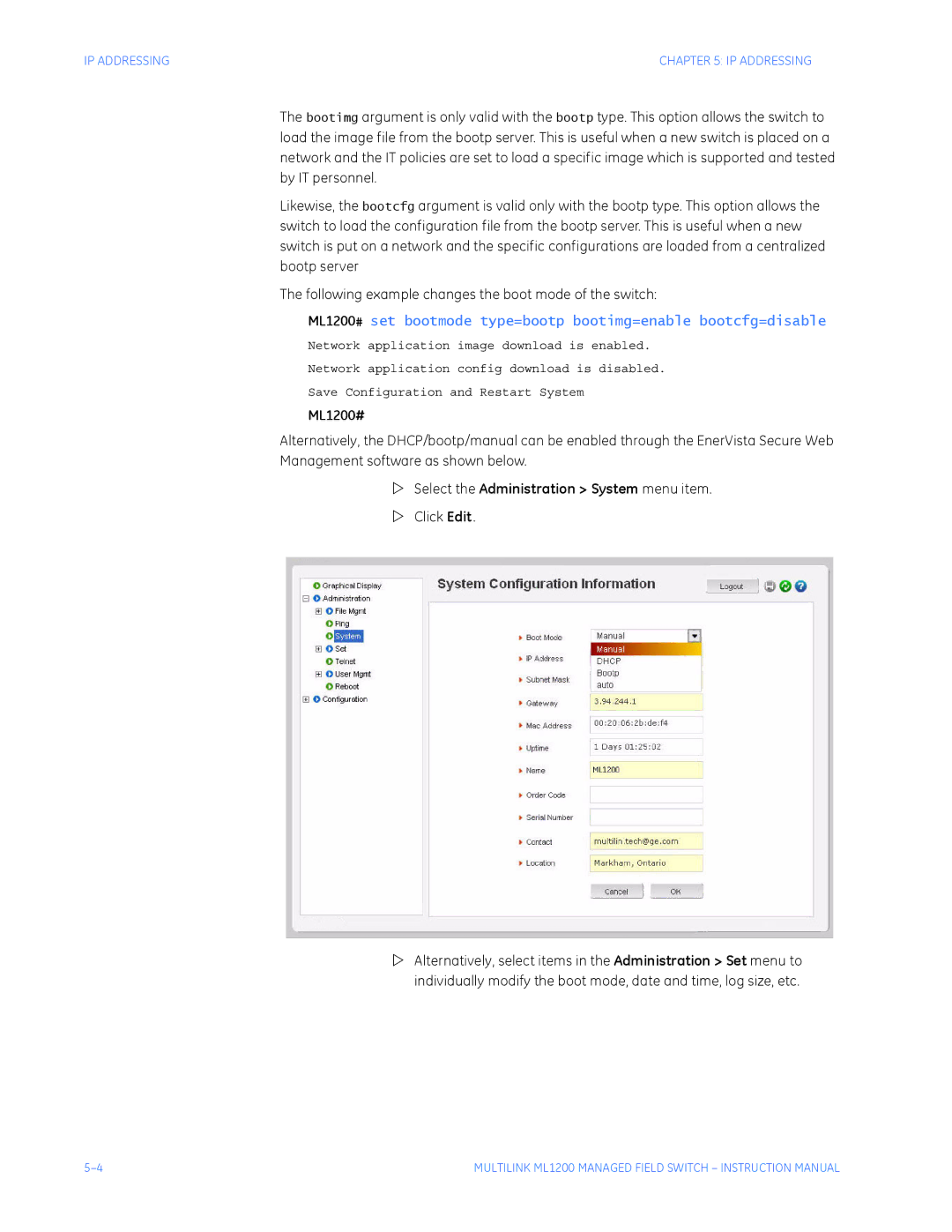 GE ML1200 instruction manual Select the Administration System menu item, Click Edit 