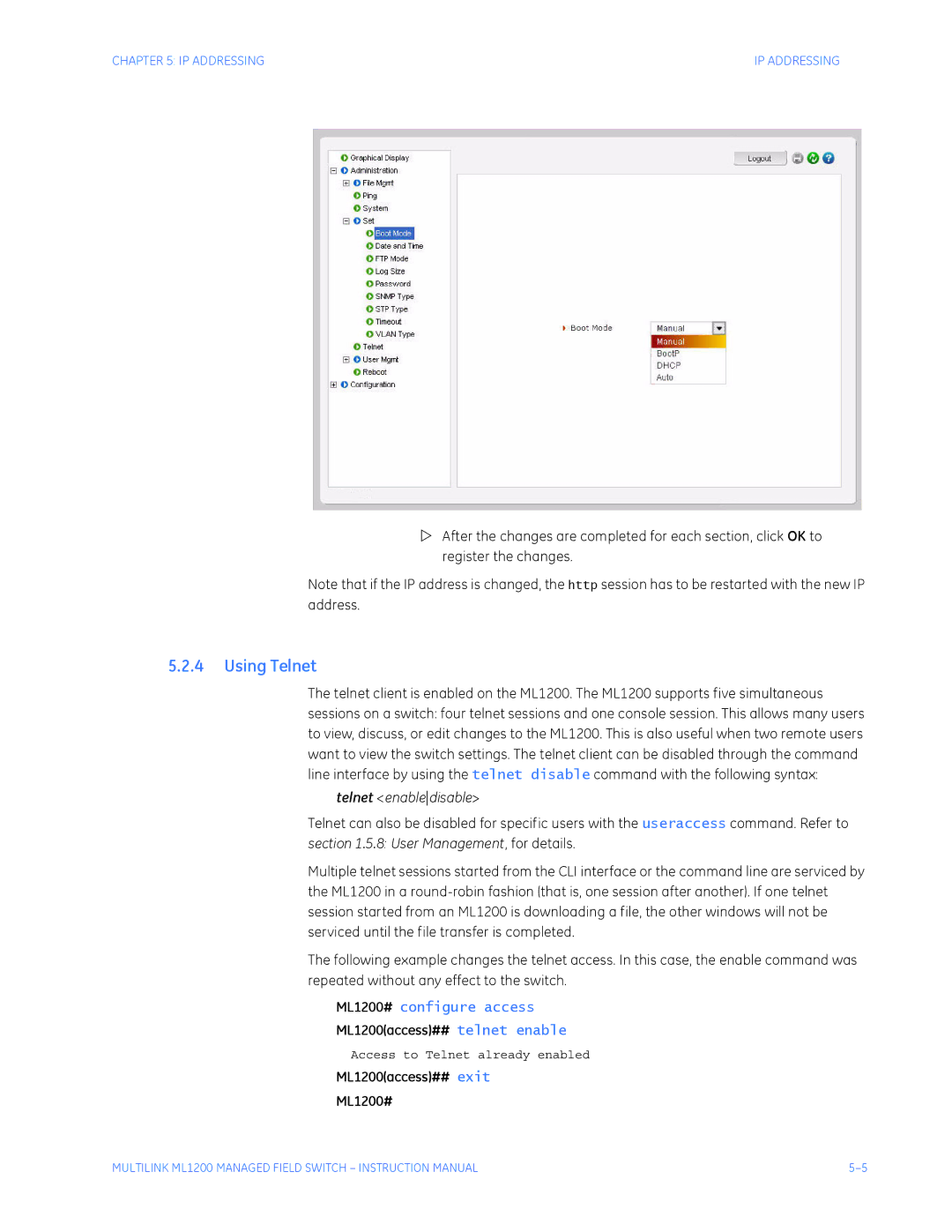 GE instruction manual Using Telnet, Telnet enabledisable, ML1200access## telnet enable, ML1200access## exit ML1200# 