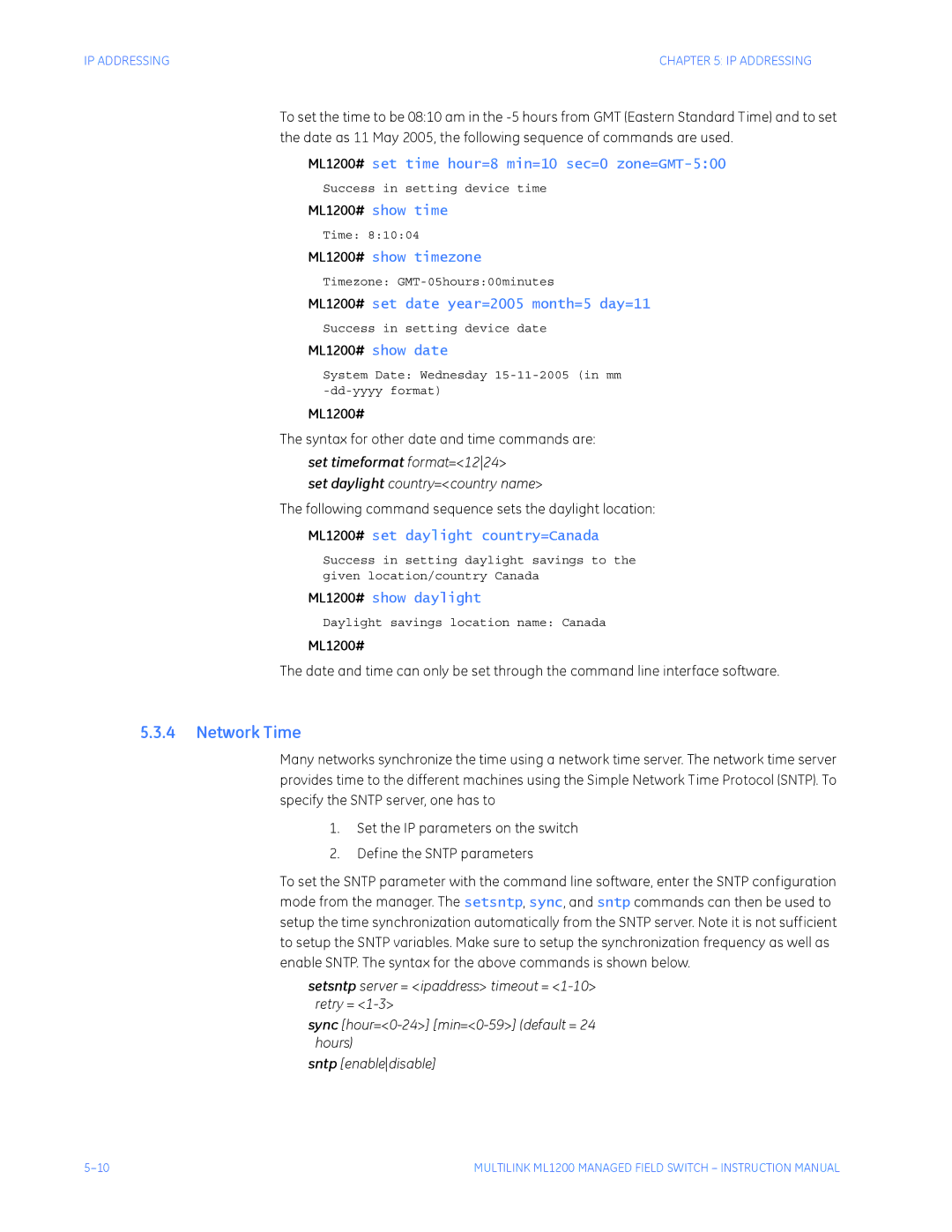 GE ML1200 instruction manual Network Time, Syntax for other date and time commands are, Set timeformat format=1224 