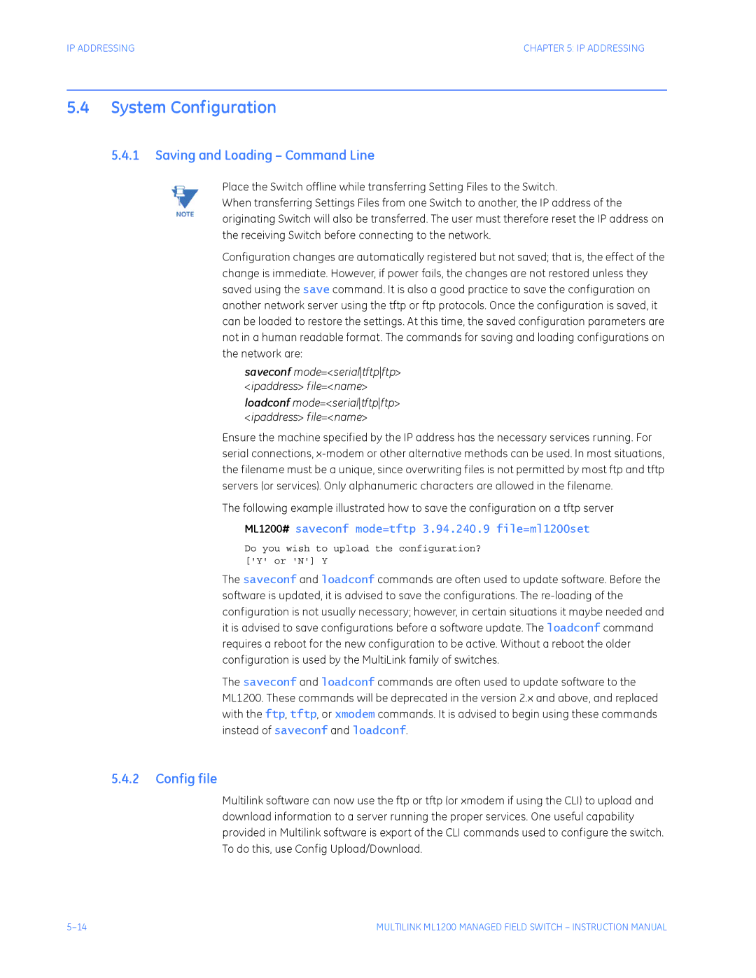 GE ML1200 instruction manual System Configuration, Saving and Loading Command Line, Config file 