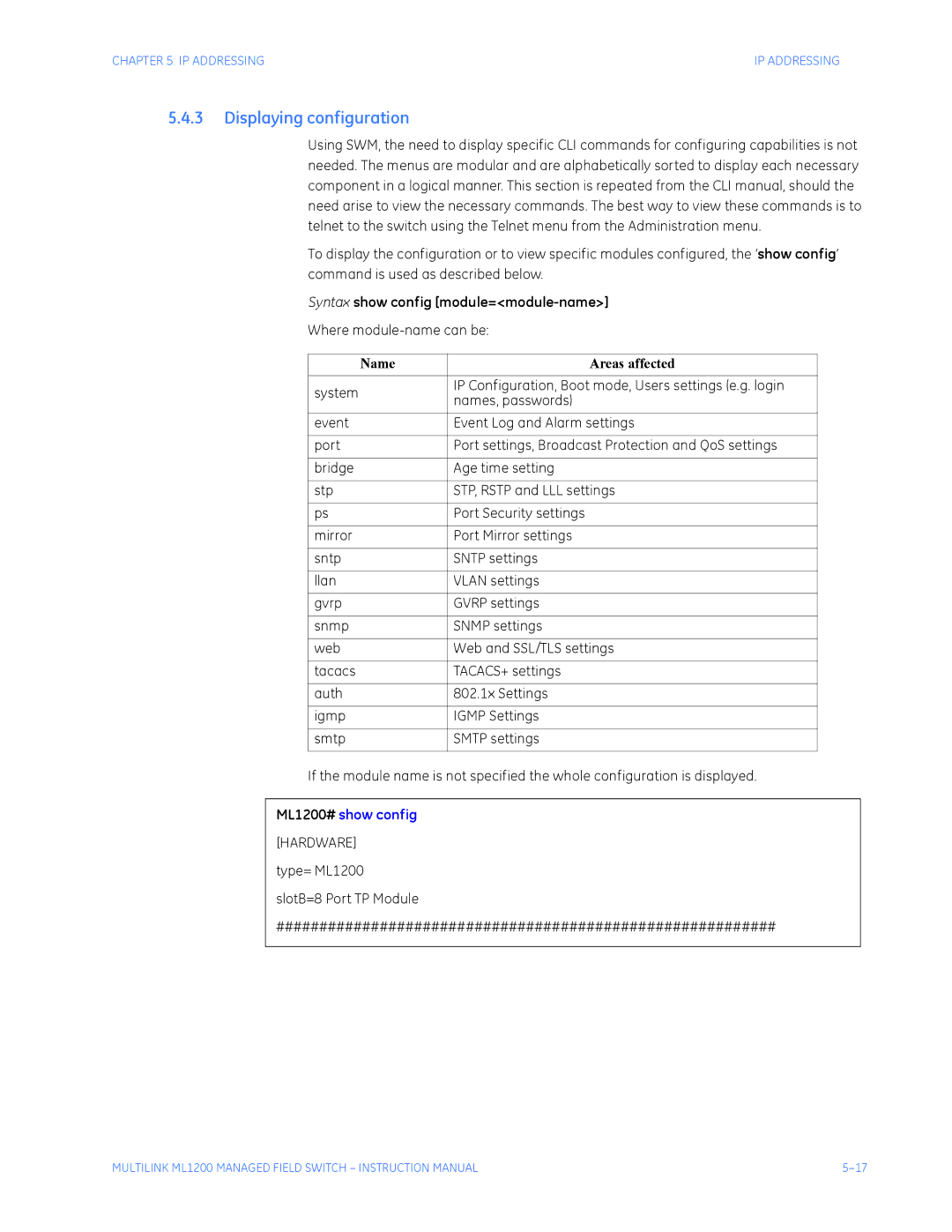 GE ML1200 Displaying configuration, Syntax show config module=module-name, Where module-name can be, System 