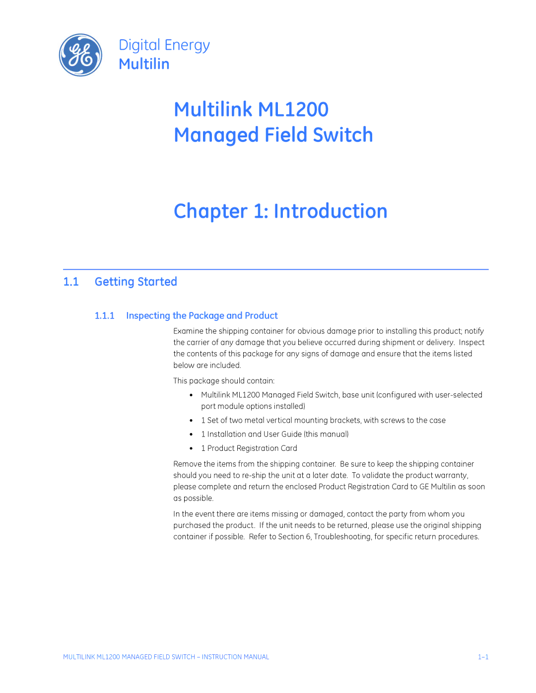 GE Multilink ML1200 Managed Field Switch Introduction, Getting Started, Inspecting the Package and Product 