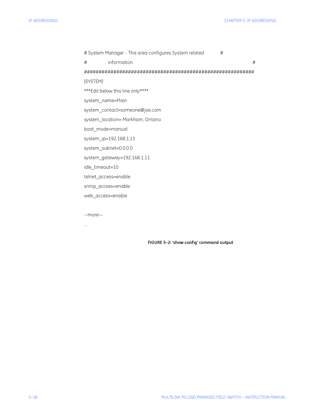 GE ML1200 instruction manual More, ’show config’ command output 