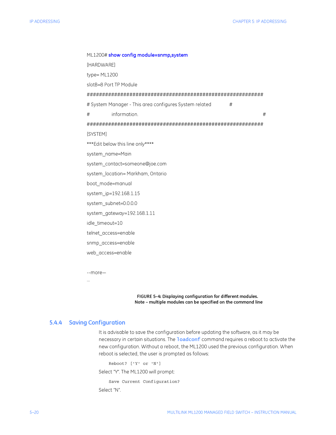 GE instruction manual Saving Configuration, Select Y. The ML1200 will prompt, Select N 