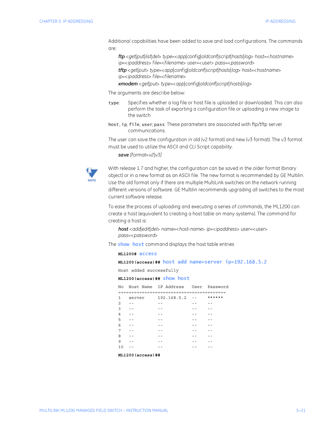 GE ML1200 instruction manual Save format=v2v3, Show host command displays the host table entries 