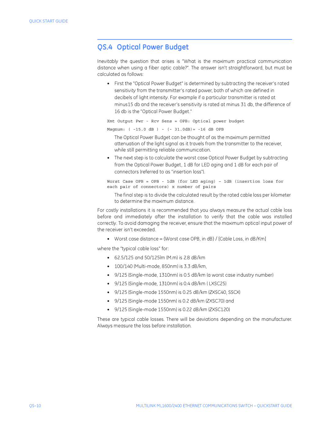 GE ML2400, ML1600 quick start QS.4 Optical Power Budget 