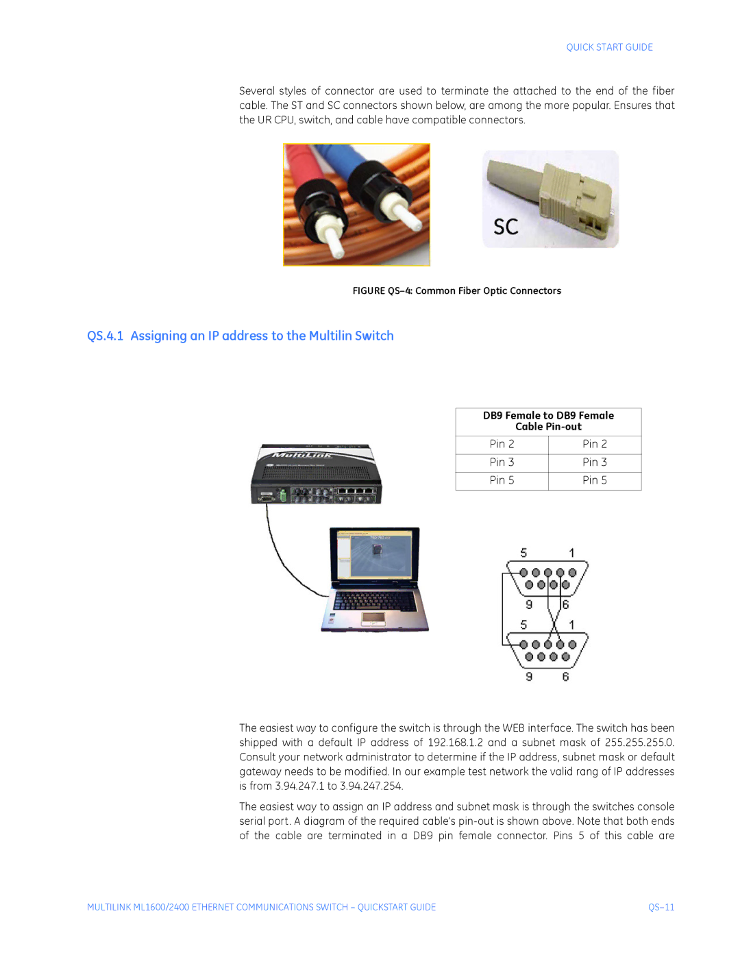 GE ML1600, ML2400 QS.4.1 Assigning an IP address to the Multilin Switch, Figure QS-4 Common Fiber Optic Connectors 