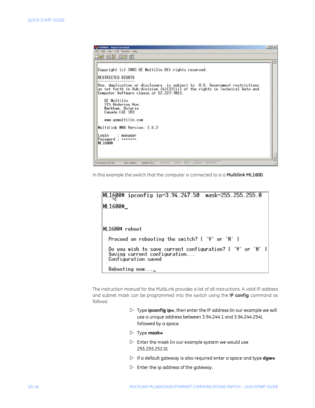 GE ML2400, ML1600 quick start QS-16 