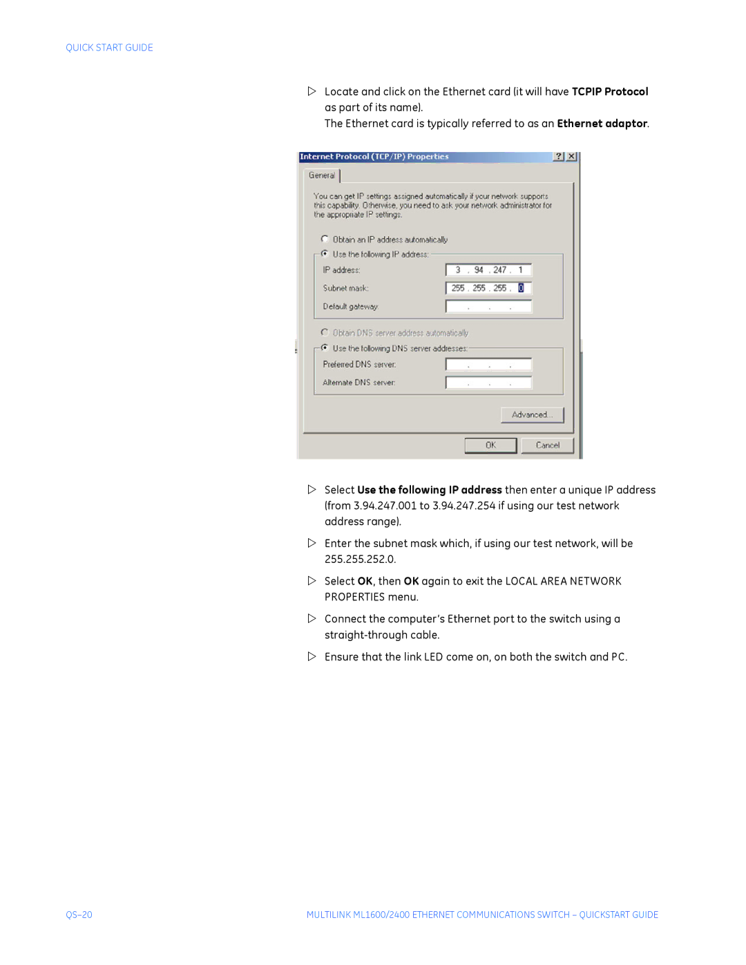 GE ML2400, ML1600 quick start QS-20 