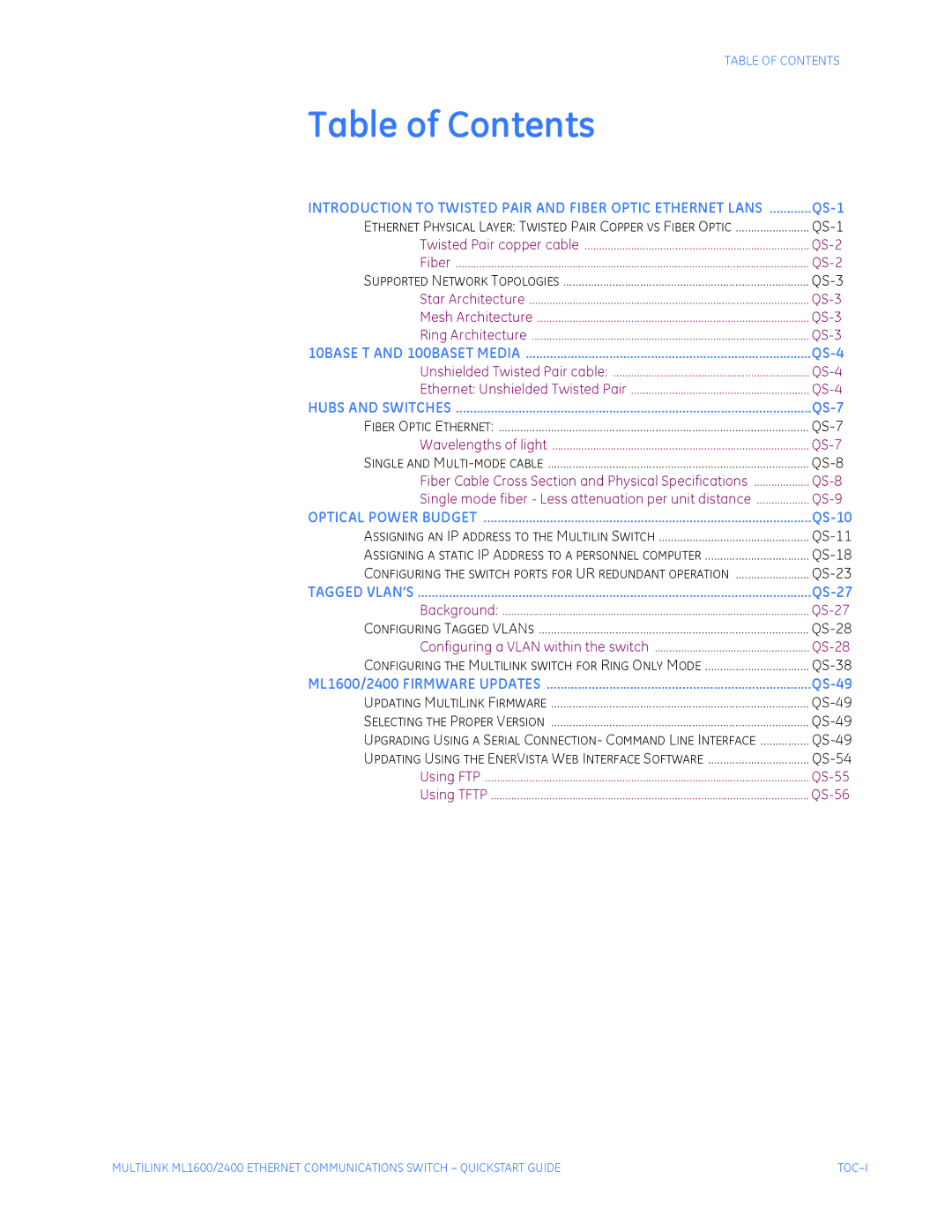 GE ML1600, ML2400 quick start Table of Contents 