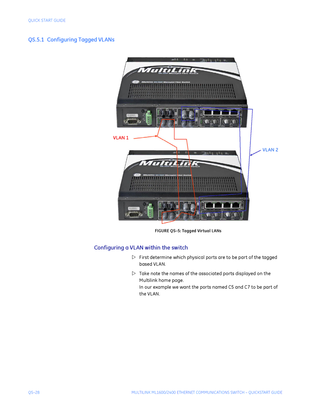 GE ML2400, ML1600 quick start QS.5.1 Configuring Tagged VLANs, Configuring a Vlan within the switch 