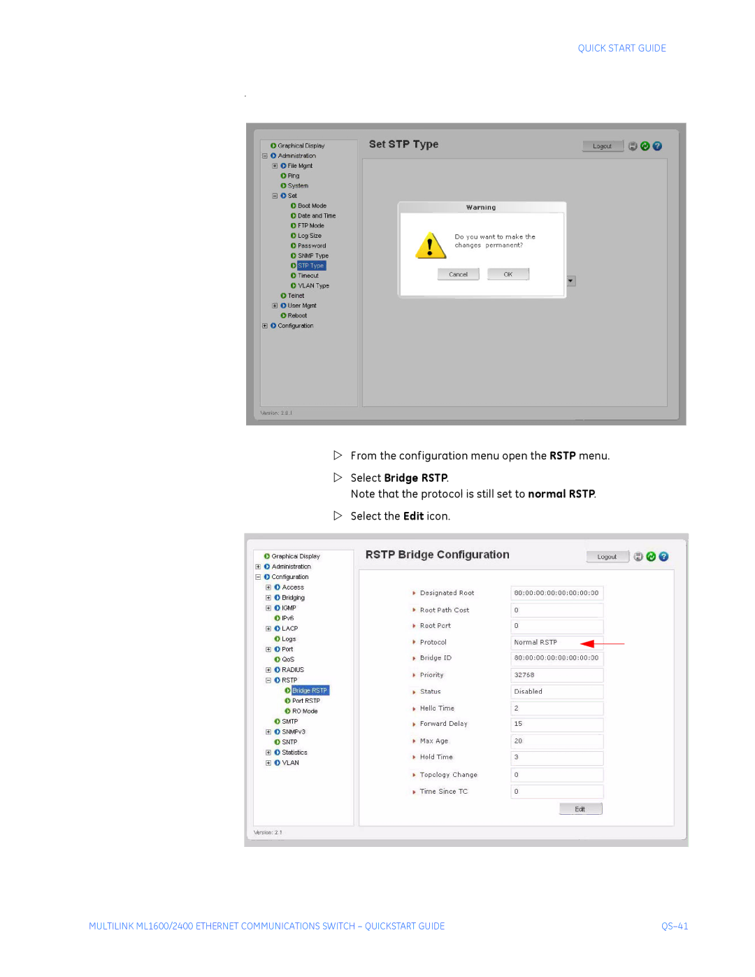 GE ML1600, ML2400 quick start From the configuration menu open the Rstp menu, Select the Edit icon 