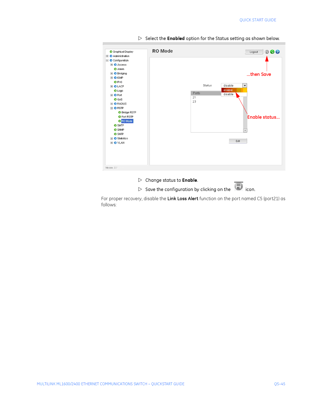 GE ML1600, ML2400 quick start Then Save Enable status 