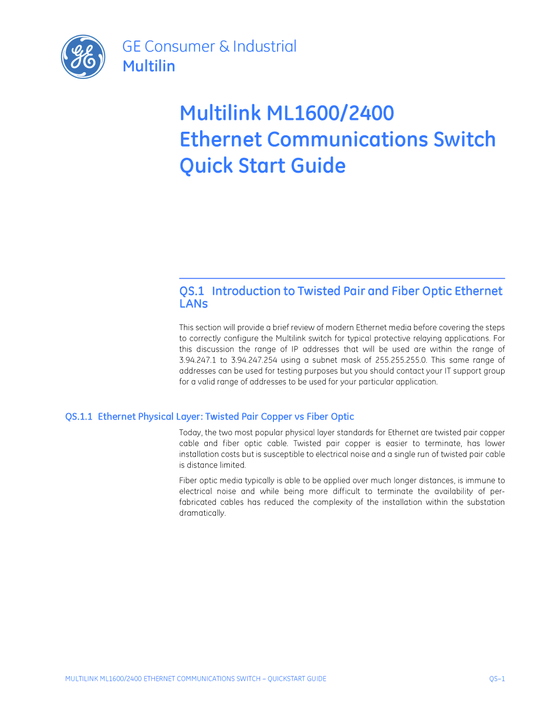 GE ML1600, ML2400 quick start QS-1 