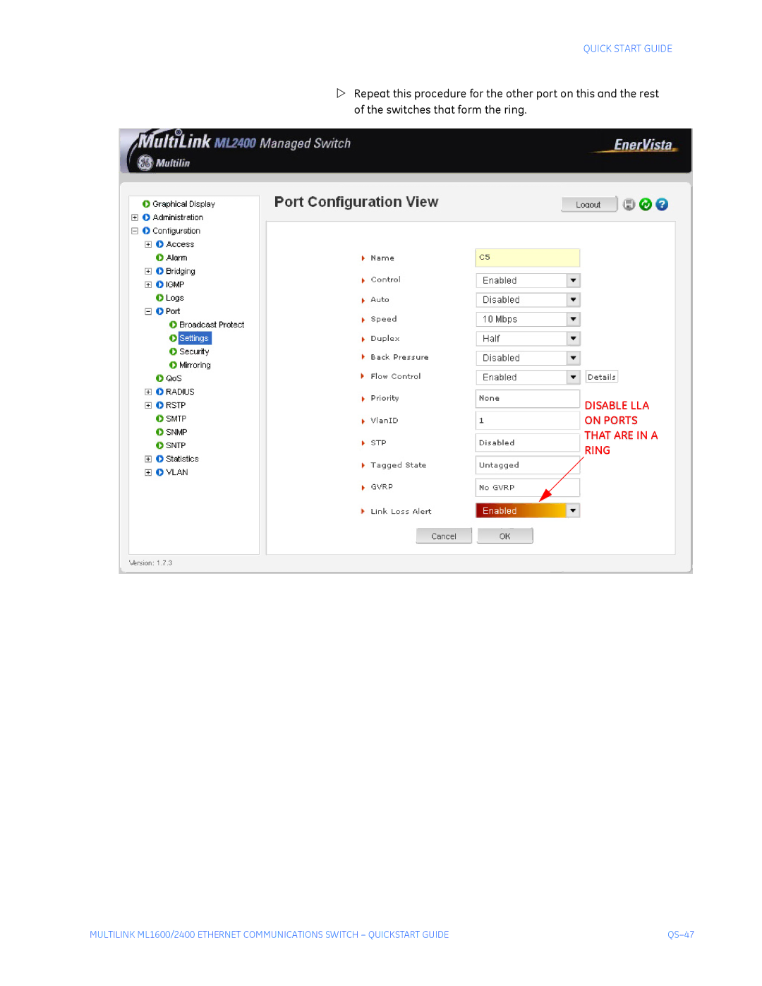 GE ML1600, ML2400 quick start Disable LLA On Ports That are in a Ring 