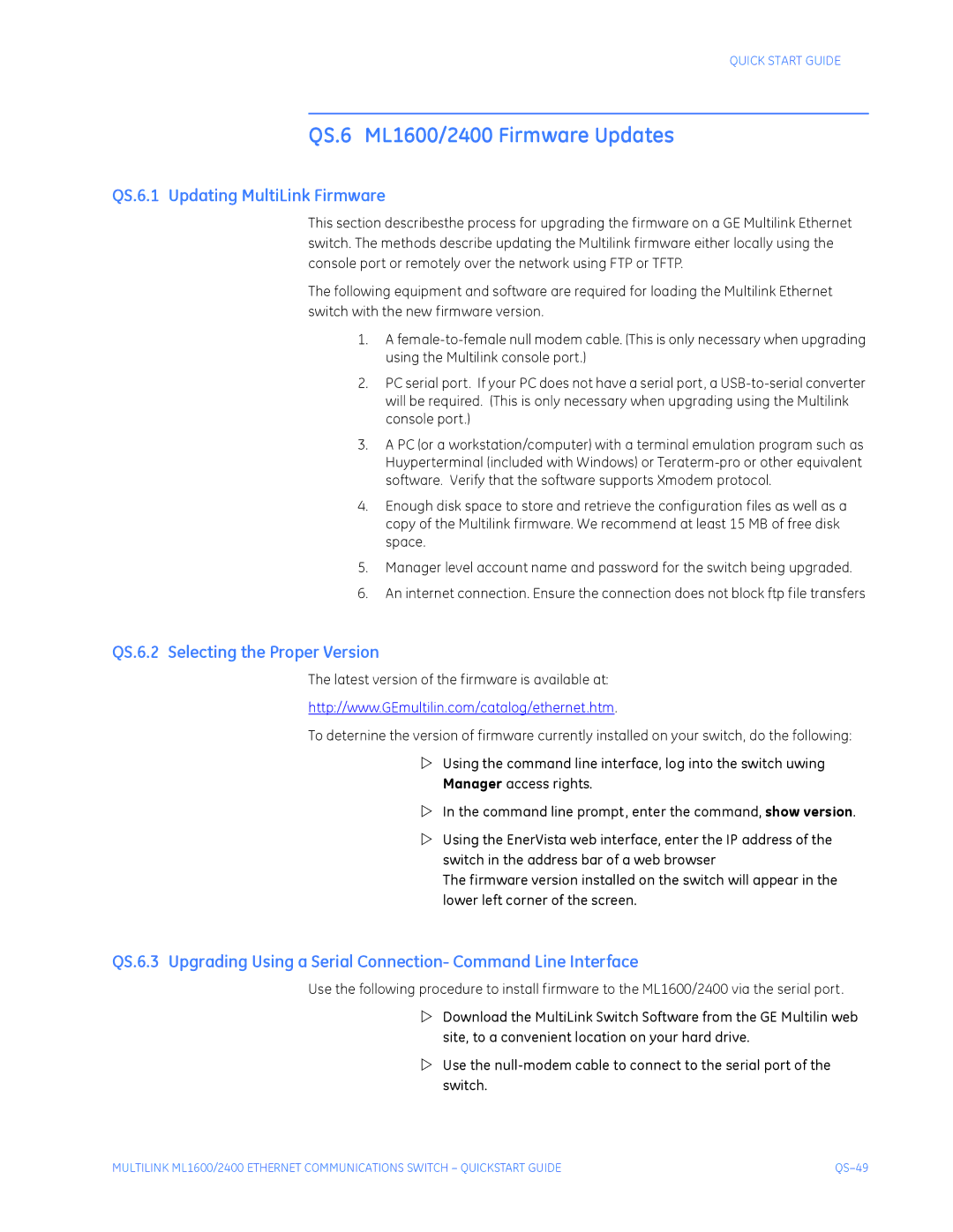 GE ML1600, ML2400 quick start QS.6.1 Updating MultiLink Firmware, QS.6.2 Selecting the Proper Version 