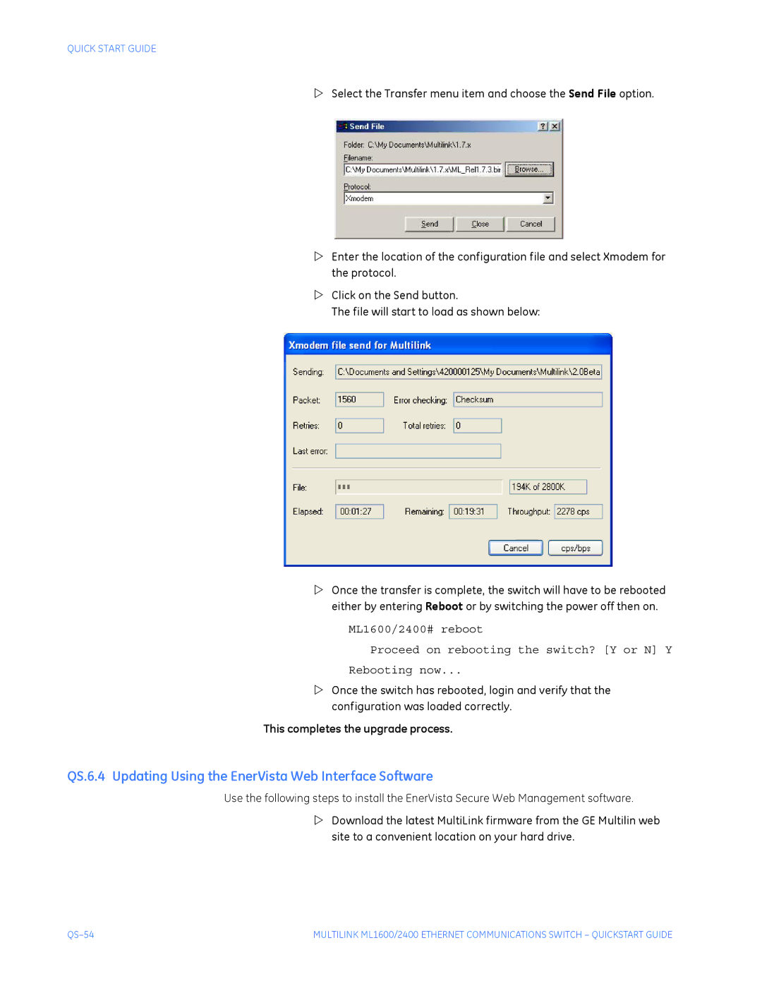 GE ML2400, ML1600 quick start QS.6.4 Updating Using the EnerVista Web Interface Software 