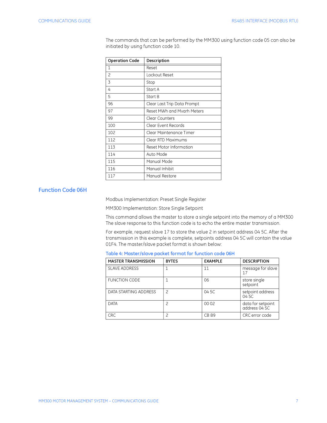 GE MM300 manual Function Code 06H, Master/slave packet format for function code 06H, Data, CRC CB B9 