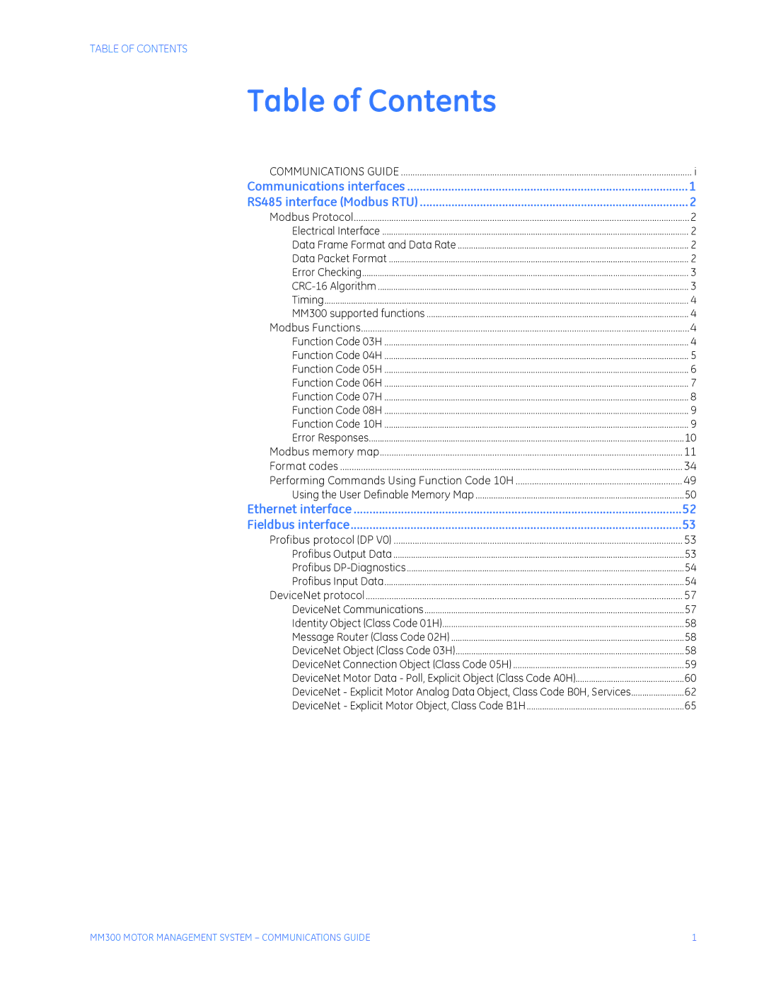 GE MM300 manual Table of Contents 