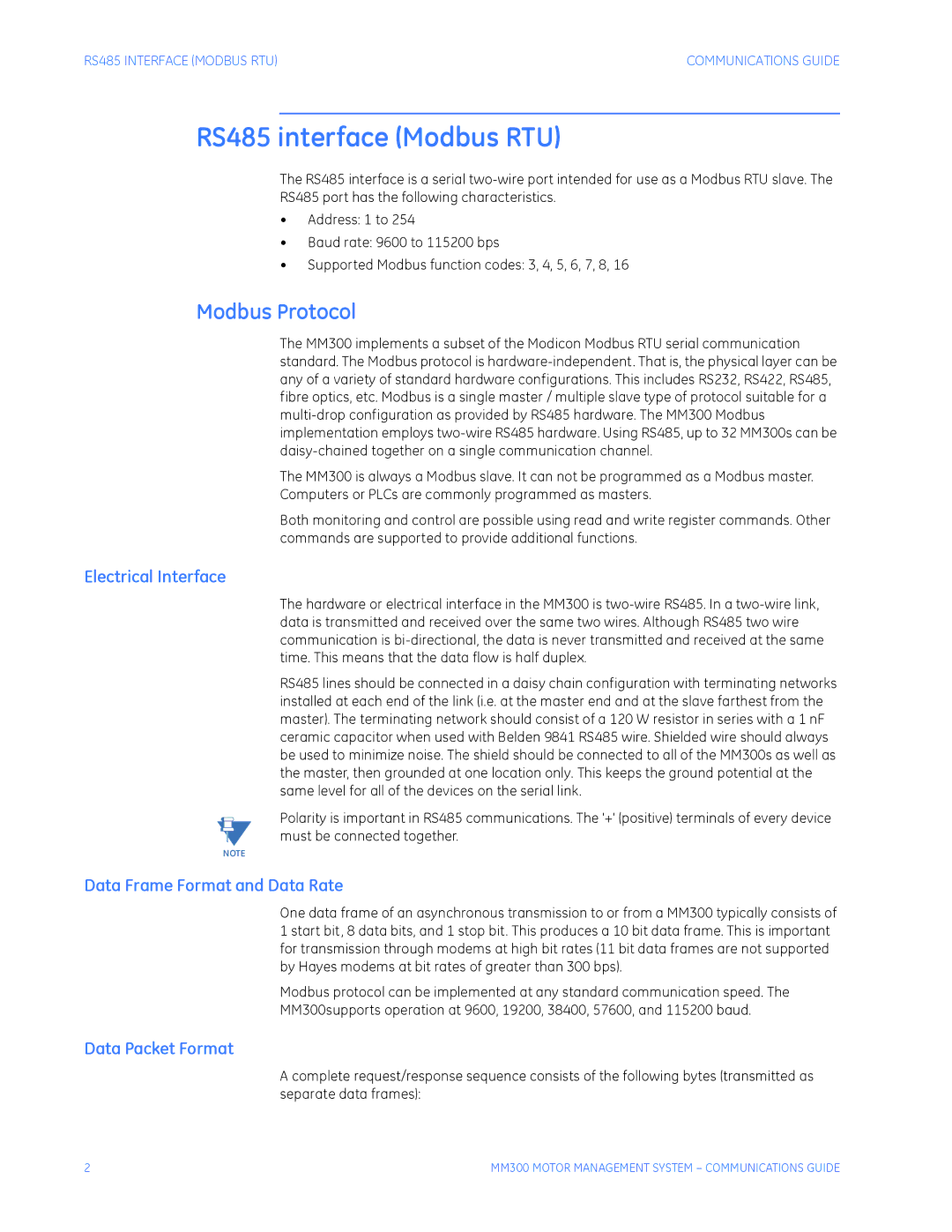 GE MM300 manual Electrical Interface, Data Frame Format and Data Rate, Data Packet Format 