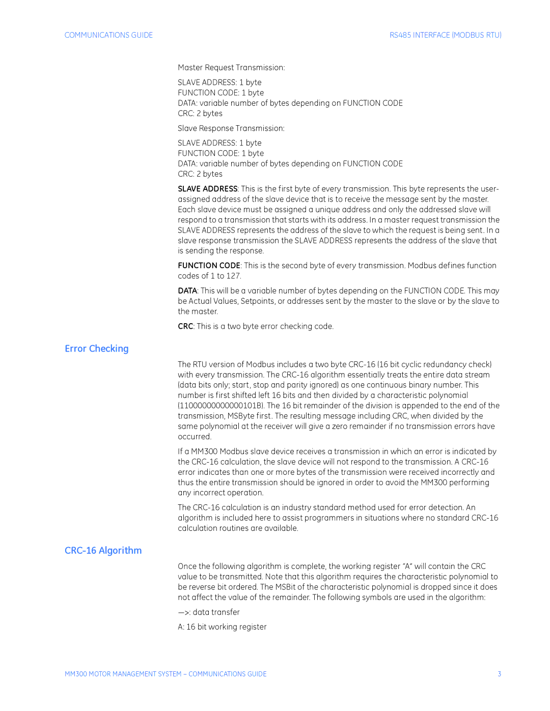 GE MM300 manual Error Checking, CRC-16 Algorithm 