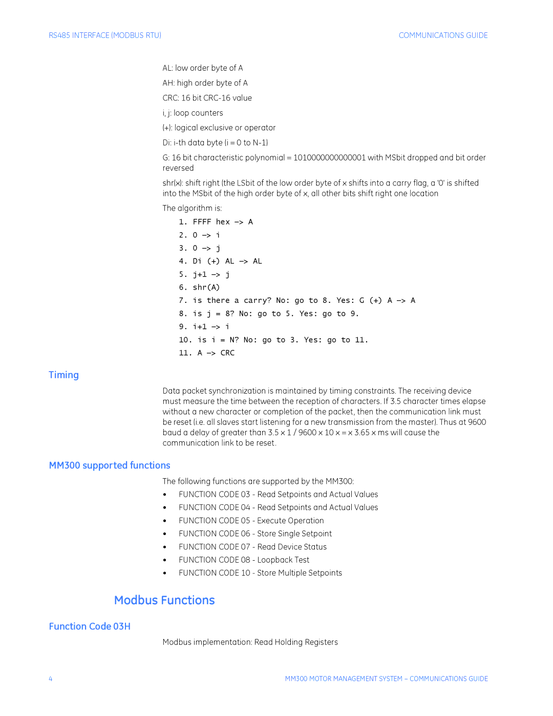 GE manual Timing, MM300 supported functions, Function Code 03H 