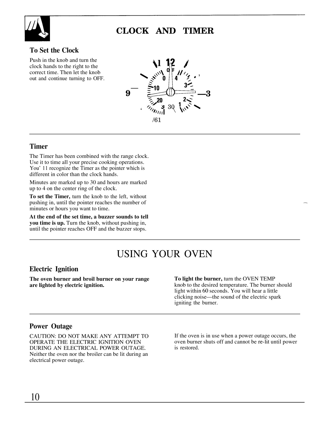 GE 49-8319, MNU109I, JGSC12GER, 164 D2588P120 operating instructions Clock and Timer, To Set the Clock, Power Outage 