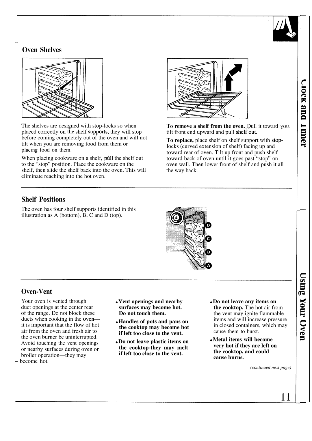 GE 164 D2588P120, MNU109I, JGSC12GER, 49-8319 operating instructions Oven Shelves, Shelf Positions, Oven-Vent 