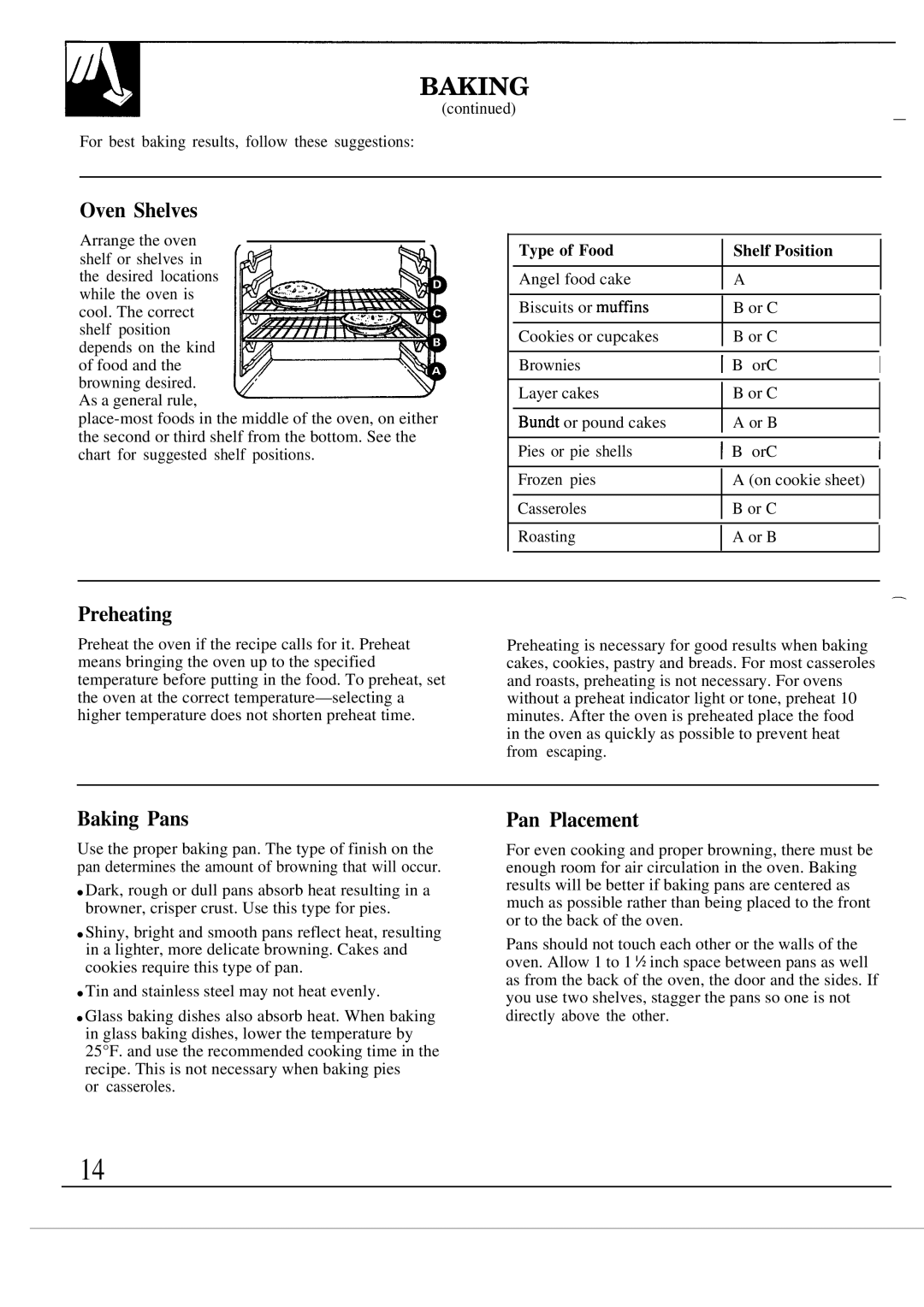 GE 49-8319, MNU109I, JGSC12GER, 164 D2588P120 Preheating, Baking Pans, Pan Placement, Type of Food Shelf Position 