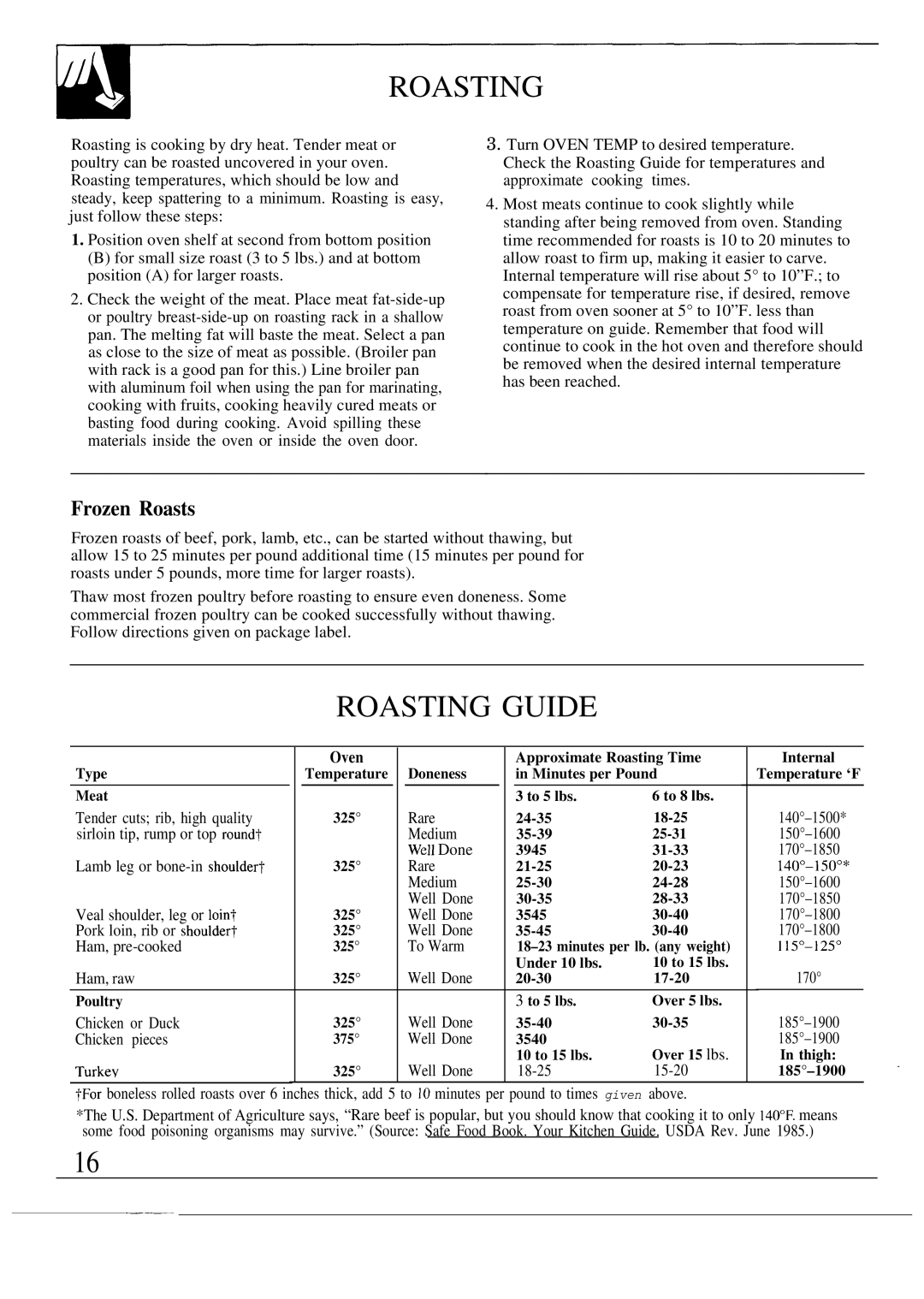 GE MNU109I, JGSC12GER, 49-8319, 164 D2588P120 operating instructions Frozen Roasts 