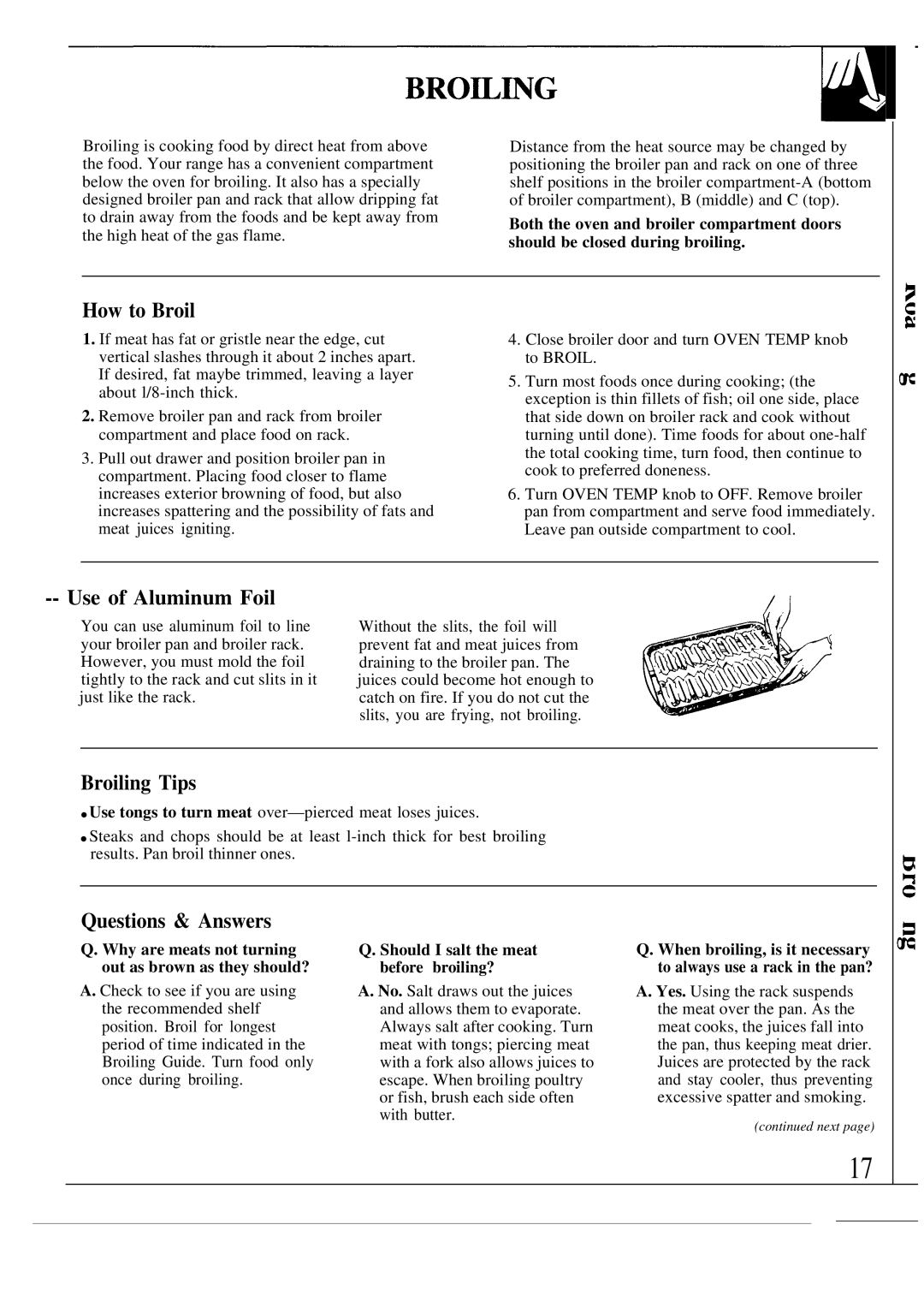 GE JGSC12GER, MNU109I, 49-8319, 164 D2588P120 How to Broil, Use of Aluminum Foil, Broiling Tips, Questions & Answers 