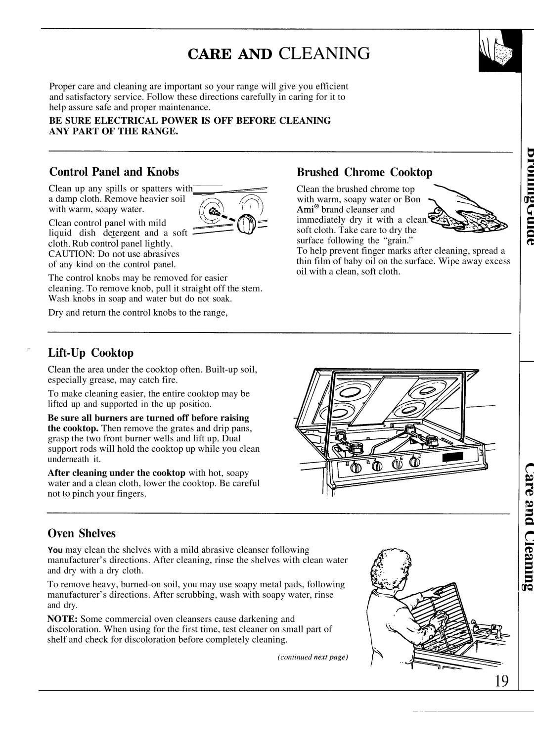 GE 164 D2588P120, MNU109I, JGSC12GER Care and Cleaning, Control Panel and Knobs, Brushed Chrome Cooktop, Lift-Up Cooktop 