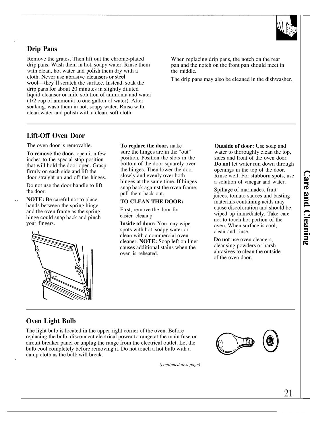 GE JGSC12GER, MNU109I, 49-8319, 164 D2588P120 operating instructions Drip Pans, Lift-Off Oven Door, Oven Light Bulb 