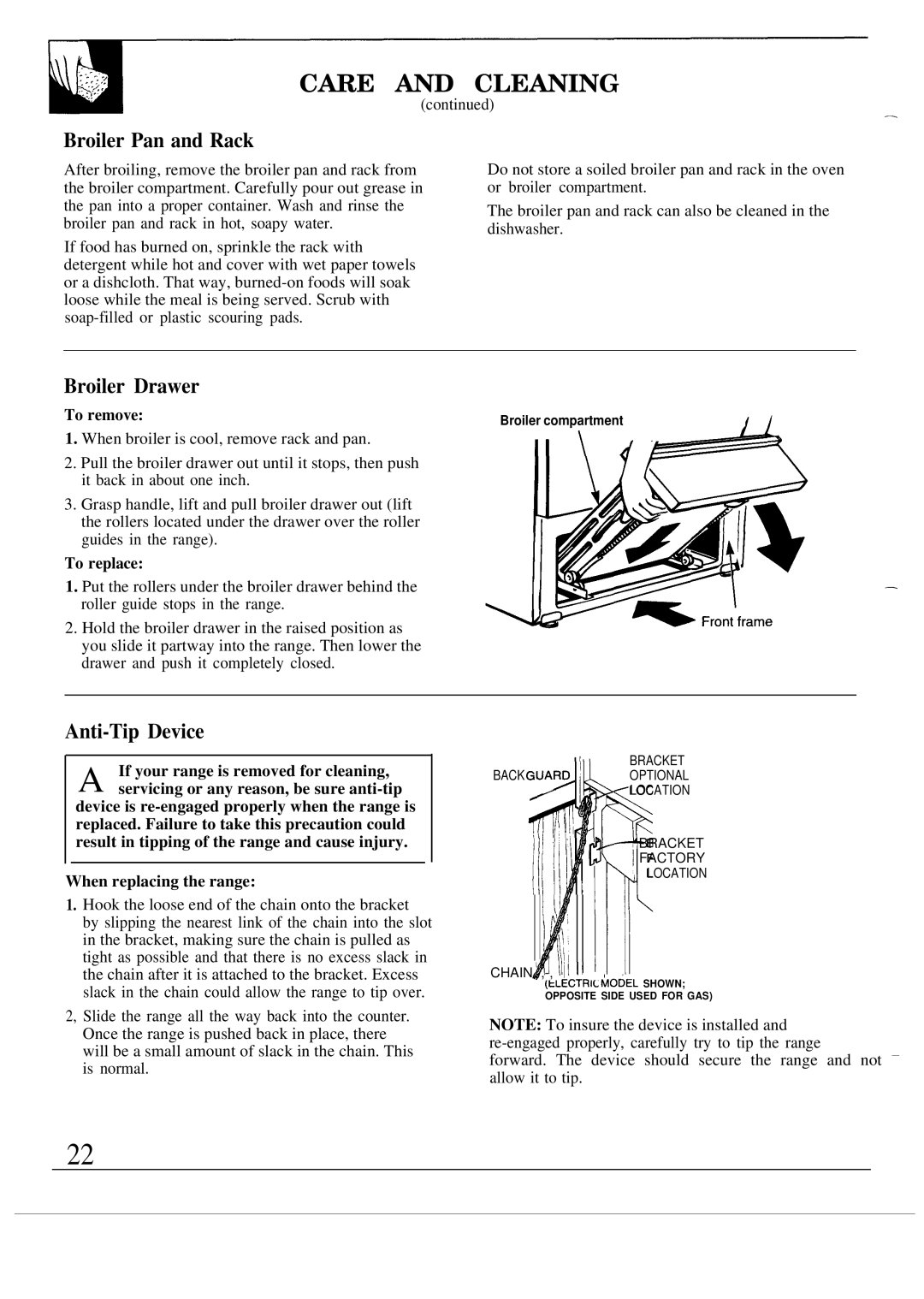 GE 49-8319, MNU109I, JGSC12GER, 164 D2588P120 operating instructions Broiler Pan and Rack, Broiler Drawer, Anti-Tip Device 