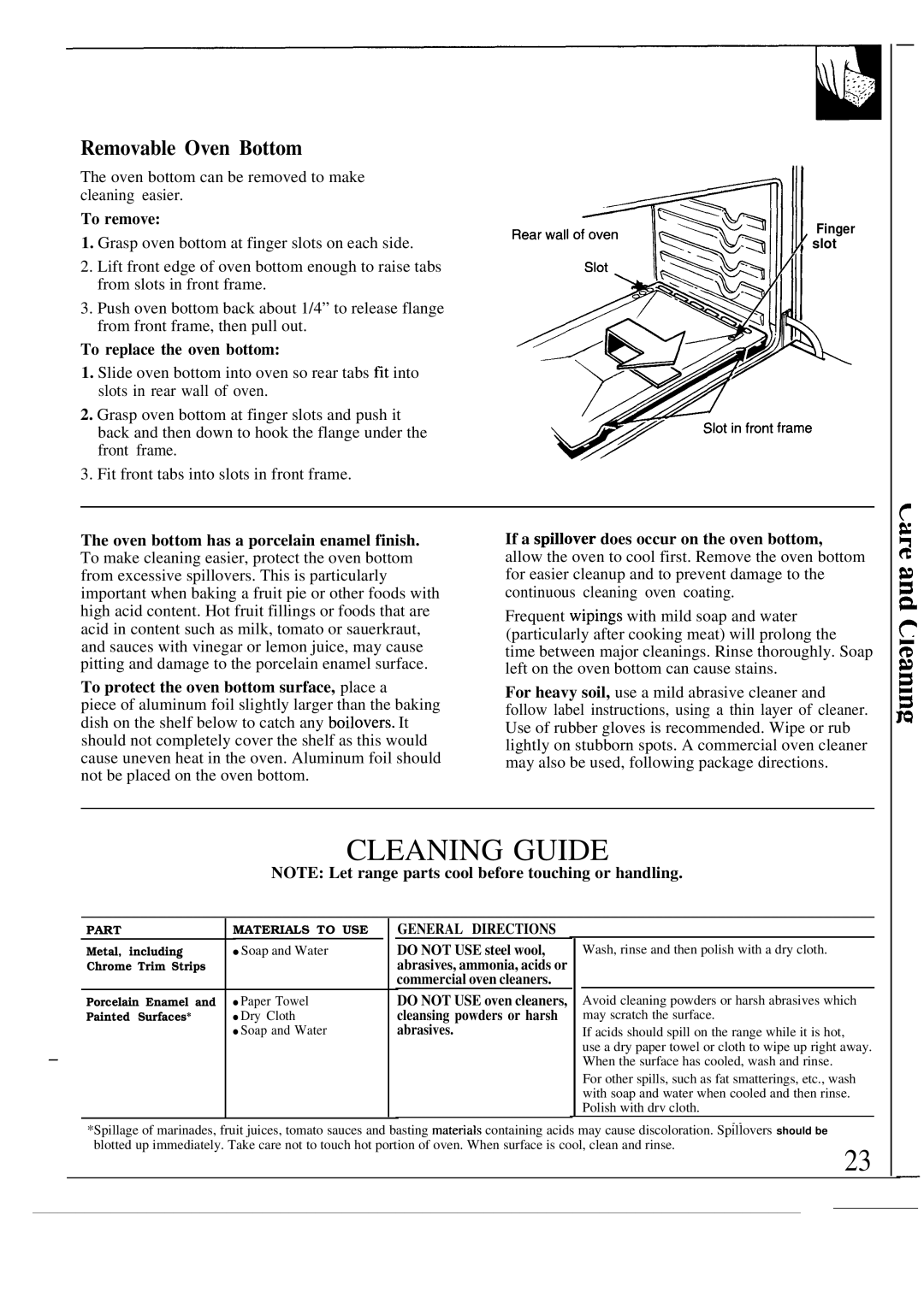 GE 164 D2588P120, MNU109I, JGSC12GER, 49-8319 operating instructions Removable Oven Bottom, To replace the oven bottom 