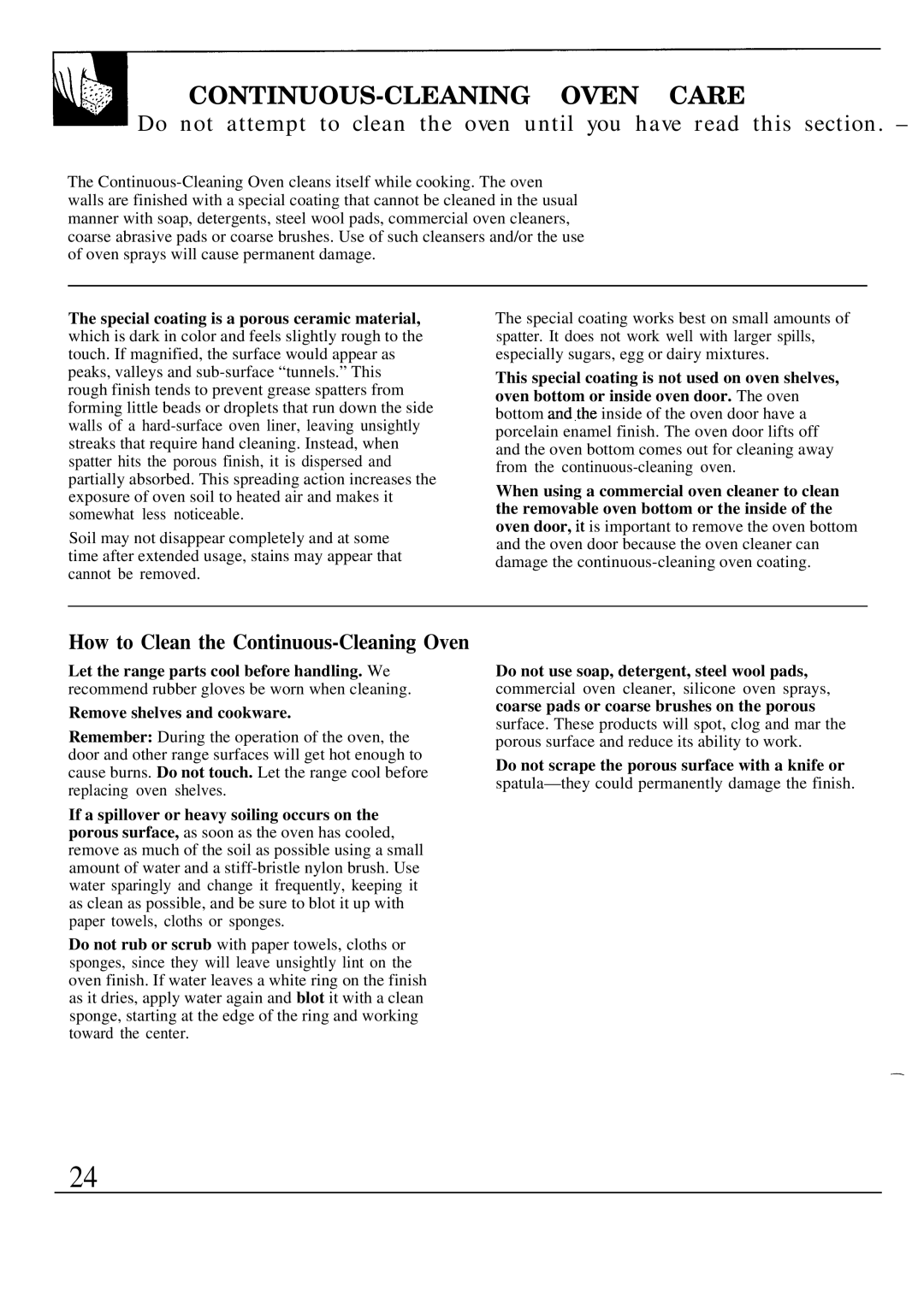 GE MNU109I, JGSC12GER, 49-8319, 164 D2588P120 CONTINUOUS-CLEANING Oven Care, How to Clean the Continuous-Cleaning Oven 