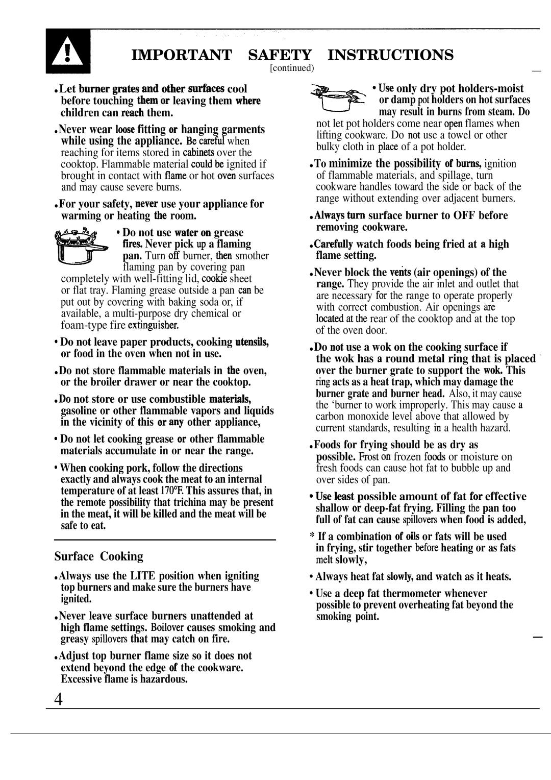 GE MNU109I, JGSC12GER, 49-8319, 164 D2588P120 operating instructions Important Safety Instructions, Surface Cooking 