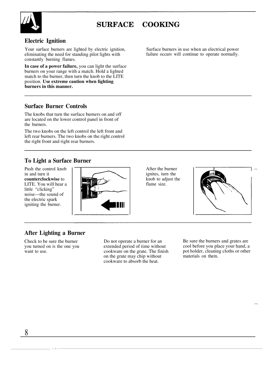 GE MNU109I Surface Cooking, Electric Ignition, Surface Burner Controls, To Light a Surface Burner, After Lighting a Burner 