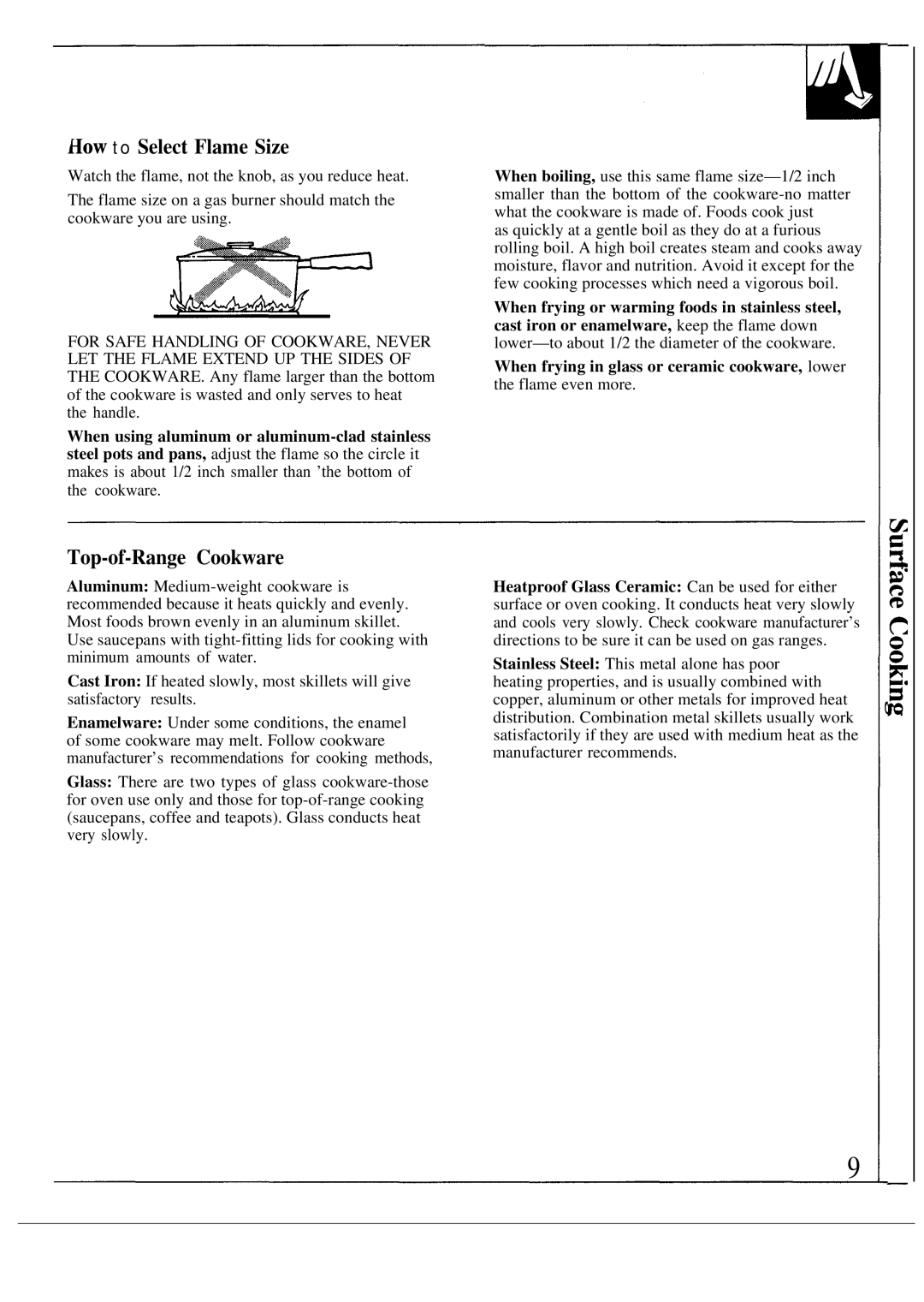 GE JGSC12GER, MNU109I, 49-8319, 164 D2588P120 operating instructions How to Select Flame Size, Top-of-Range Cookware 