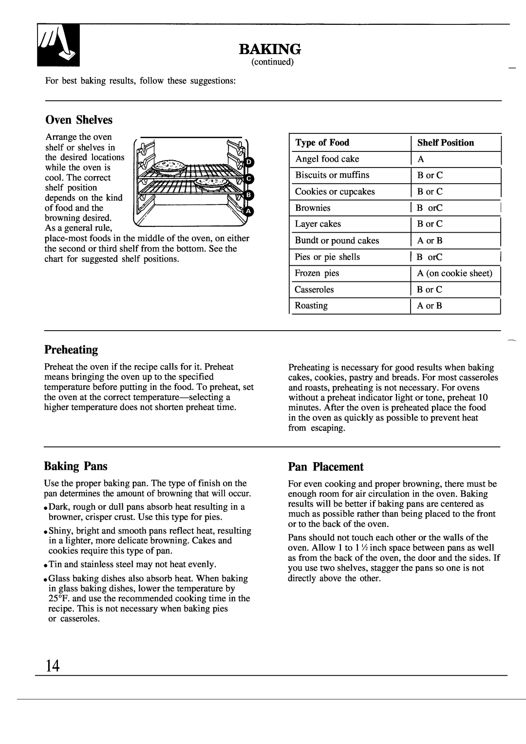 GE 49-8319, MNU109I, JGSC12GER, 164 D2588P120 operating instructions Preheating, Baking Pans, Pan Placement, Oven Shelves 