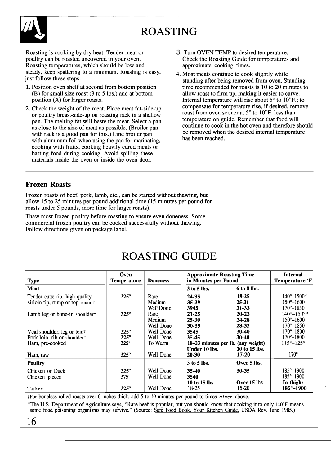 GE MNU109I, JGSC12GER, 49-8319, 164 D2588P120 operating instructions Roasting Guide, Frozen Roasts 