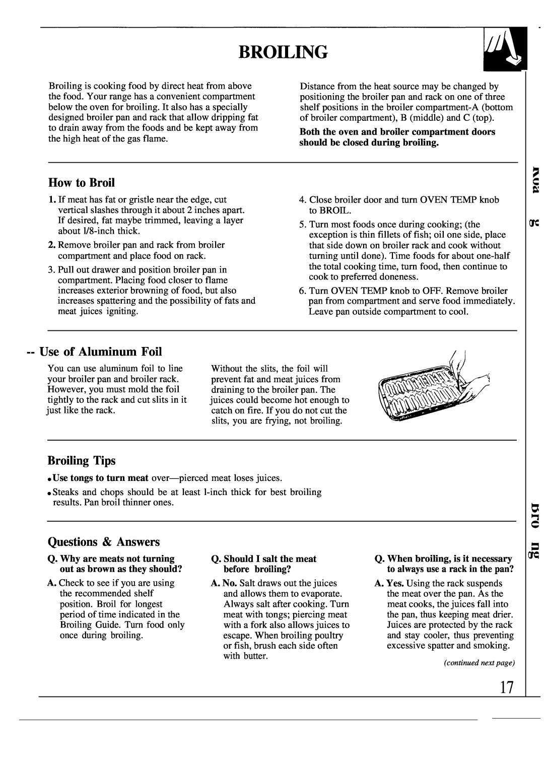 GE JGSC12GER, MNU109I, 49-8319, 164 D2588P120 How to Broil, Use of Aluminum Foil, Broiling Tips, Questions & Answers 